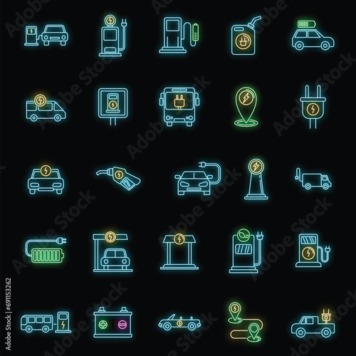 Electrical refueling car icons set. Outline set of electrical refueling car vector icons neon color on black