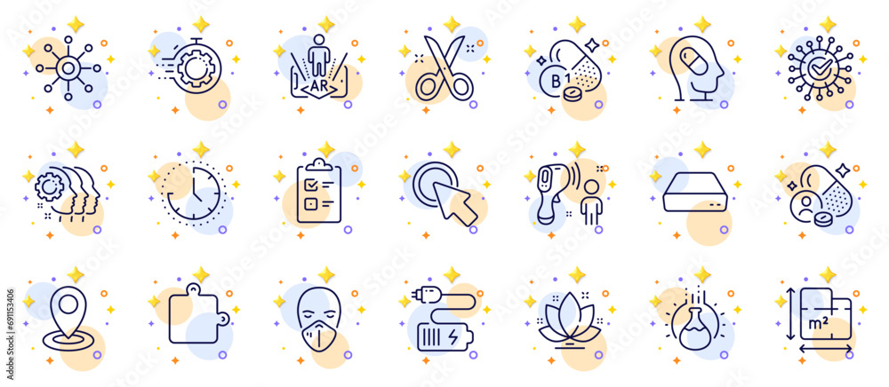 Outline set of Electronic thermometer, Puzzle and Battery line icons for web app. Include Mini pc, Checklist, Coronavirus pictogram icons. Floor plan, Augmented reality, Scissors signs. Vector Outline set of Electronic thermometer, Puzzle and Battery line icons for web app. Include Mini pc, Checklist, Coronavirus pictogram icons. Floor plan, Augmented reality, Scissors signs. Vector