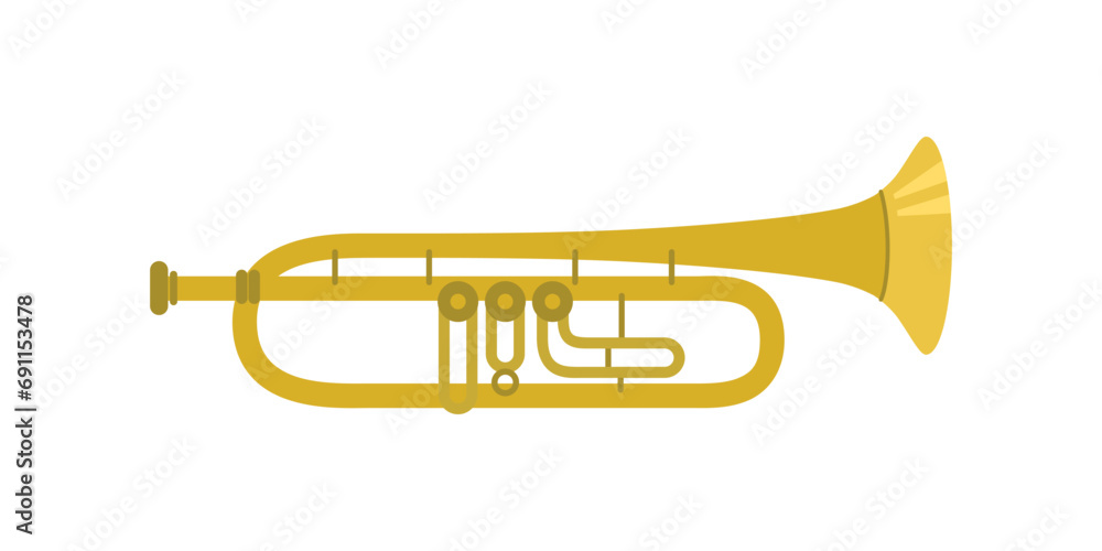 Musical brass instrument rotary three valve trumpet in gold color. Side view. Vector illustration on white isolated background. Musical brass instrument rotary three valve trumpet in gold color. Side view. Vector illustration on white isolated background.