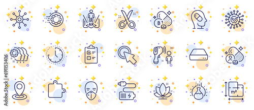 Outline set of Electronic thermometer, Puzzle and Battery line icons for web app. Include Mini pc, Checklist, Coronavirus pictogram icons. Floor plan, Augmented reality, Scissors signs. Vector