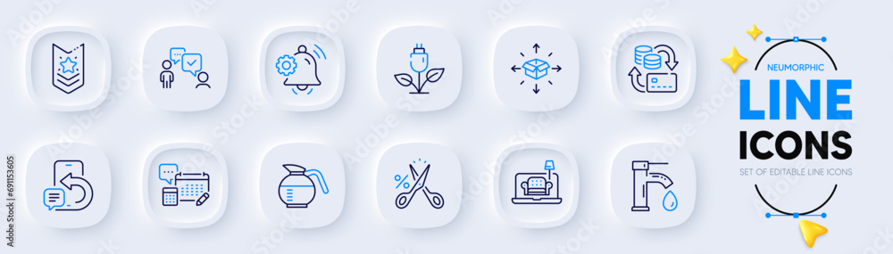Phone message, Shoulder strap and Coffeepot line icons for web app. Pack of Consulting business, Parcel delivery, Tap water pictogram icons. Eco power, Cut tax, Account signs. Furniture. Vector Phone message, Shoulder strap and Coffeepot line icons for web app. Pack of Consulting business, Parcel delivery, Tap water pictogram icons. Eco power, Cut tax, Account signs. Furniture. Vector
