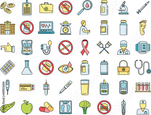 Diabetes care icons set. Outline set of diabetes care vector icons thin line color flat on white