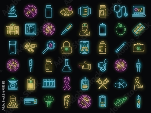 Diabetes care icons set. Outline set of diabetes care vector icons neon color on black