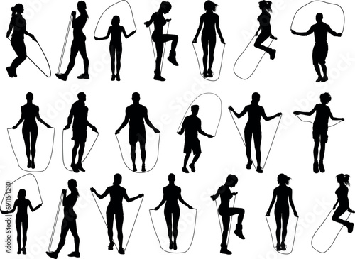 People jumping rope silhouettes. Black silhouettes of jumping rope, black Illustration in various themes. Hand drawn collection.
