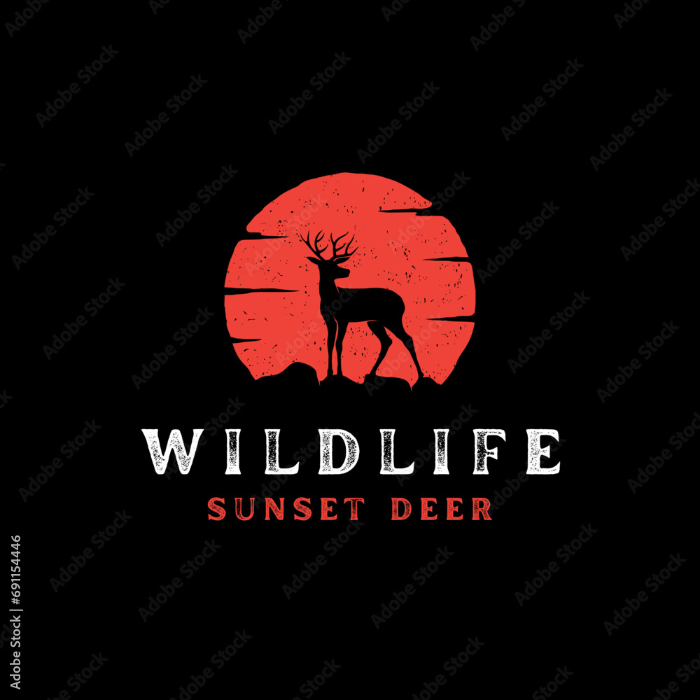 Red Black Vintage Rustic Deer Sunset Logo Design 