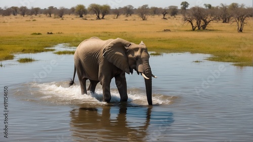 Aerial telephoto shot of an African Elephant wading through the shallow waters of the Okavango Delta in Botswana