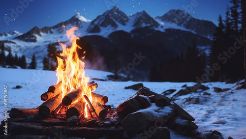 campfire with snow mountain background