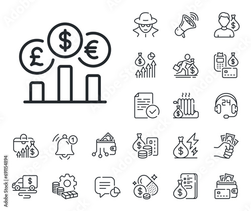 Money exchange sign. Cash money, loan and mortgage outline icons. Currency rates line icon. Stock trade symbol. Currency rate line sign. Credit card, crypto wallet icon. Inflation, job salary. Vector