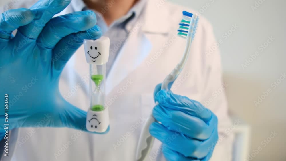Explore the world of dental care with a professional touch. This video showcases a doctor dentist confidently holding a toothbrush and hourglass, emphasizing the importance of timely oral health. Explore the world of dental care with a professional touch. This video showcases a doctor dentist confidently holding a toothbrush and hourglass, emphasizing the importance of timely oral health.
