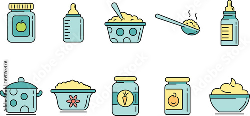 Baby kitchen icons set. Outline set of baby kitchen vector icons thin line color flat on white
