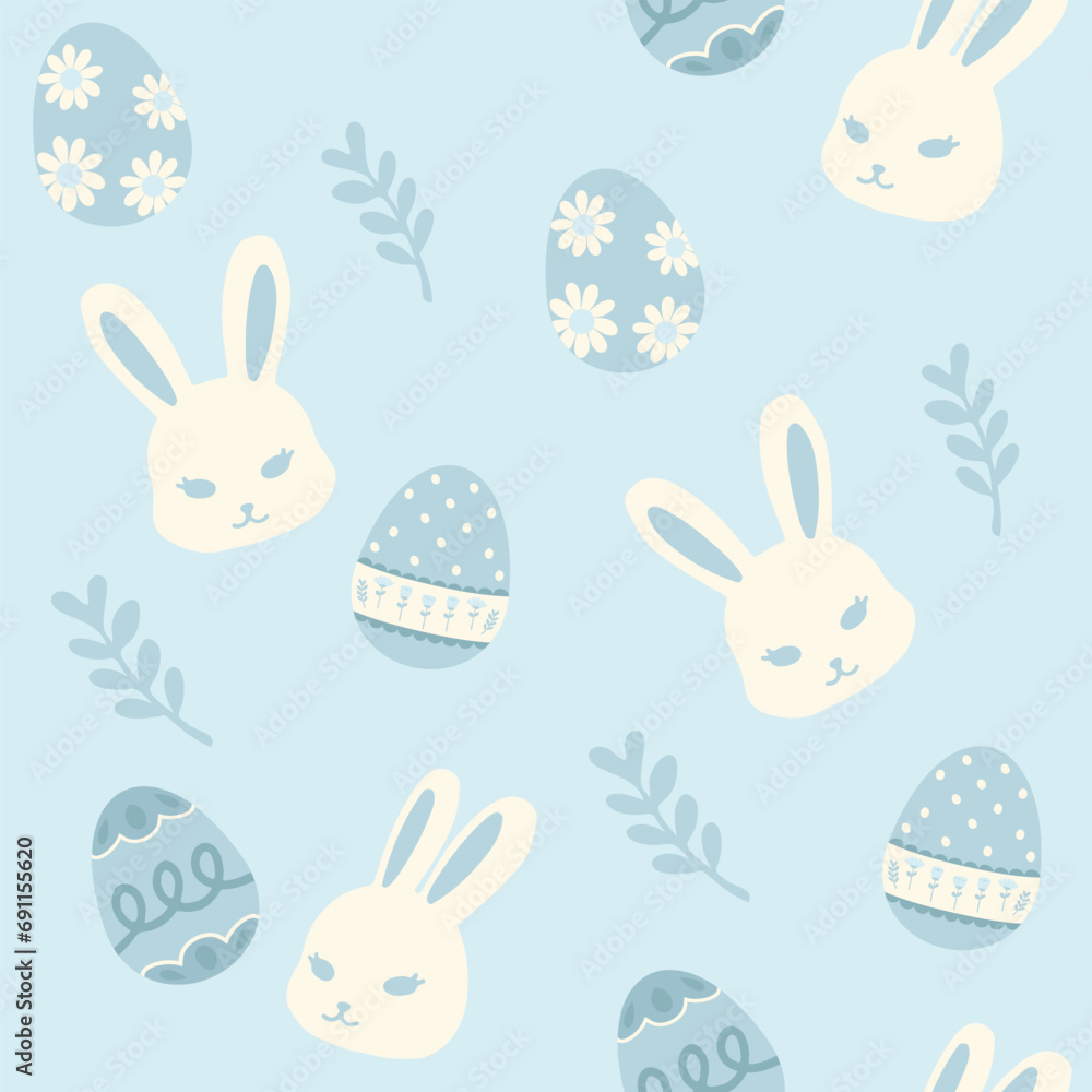 Hand drawn seamless pattern vector illustration of cute easter bunny and egg elements in pastel blue. For wallpaper, texture, background, gift wrap, print, background, textile, card