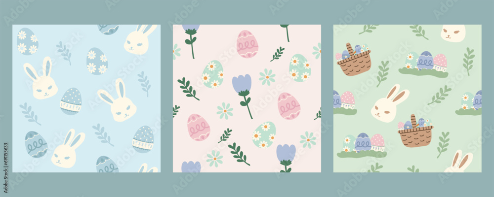 Hand drawn seamless pattern vector illustration set collection of cute easter bunny and egg elements in pastel colour. For wallpaper, texture, background, gift wrap, print, background, textile, card