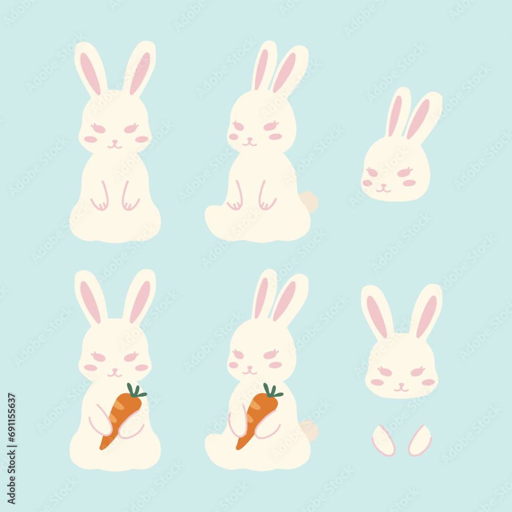 hand drawn vector illustration of a set of easter bunny rabbit design elements in different poses. Cute elements doodle collection in flat style