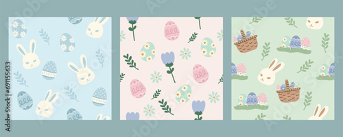 Hand drawn seamless pattern vector illustration set collection of cute easter bunny and egg elements in pastel colour. For wallpaper, texture, background, gift wrap, print, background, textile, card