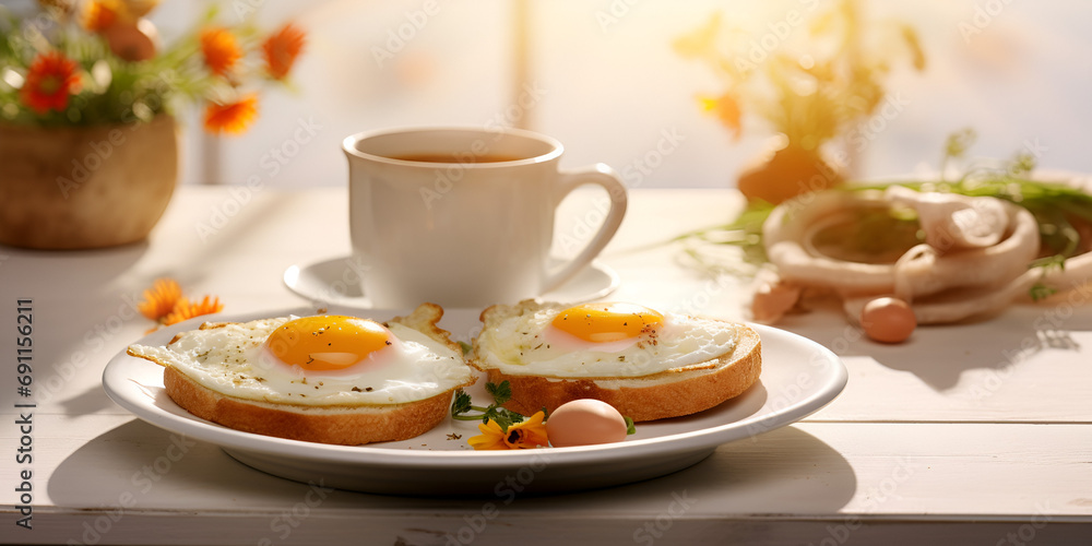 Breakfast toasts with eggs for two and cup with hot drink, white table with decoration Breakfast toasts with eggs for two and cup with hot drink, white table with decoration