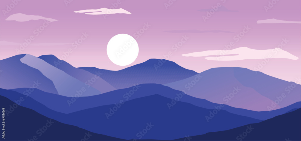 Abstract landscape illustrations. Mountains, sun, moon, sunset, desert, hills minimalist design. Trendy mid century art, boho home decor, wall art. wide art landscape design
