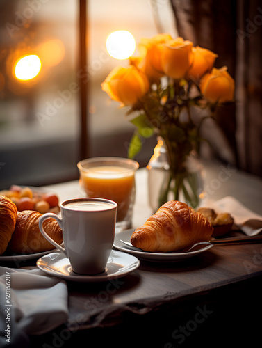 Breakfast with croissants for two and cups with hot drinks, blurry window background