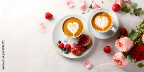 Top view of two cappuccino cups with heart shaped milk foam, white table with decoration 