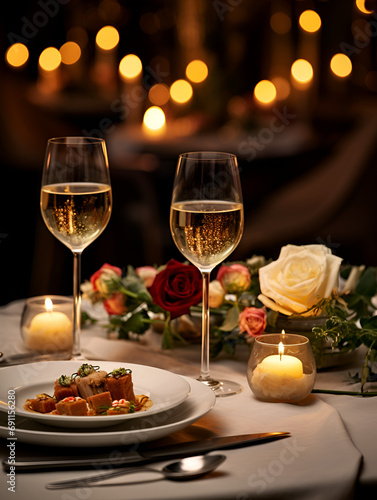 Romantic dinner table with two glasses of champagne and food, blurry lights background and candle light