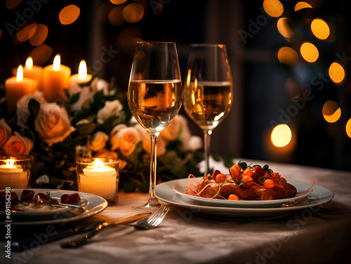 Romantic dinner table with two glasses of champagne and food  blurry lights background and candle light