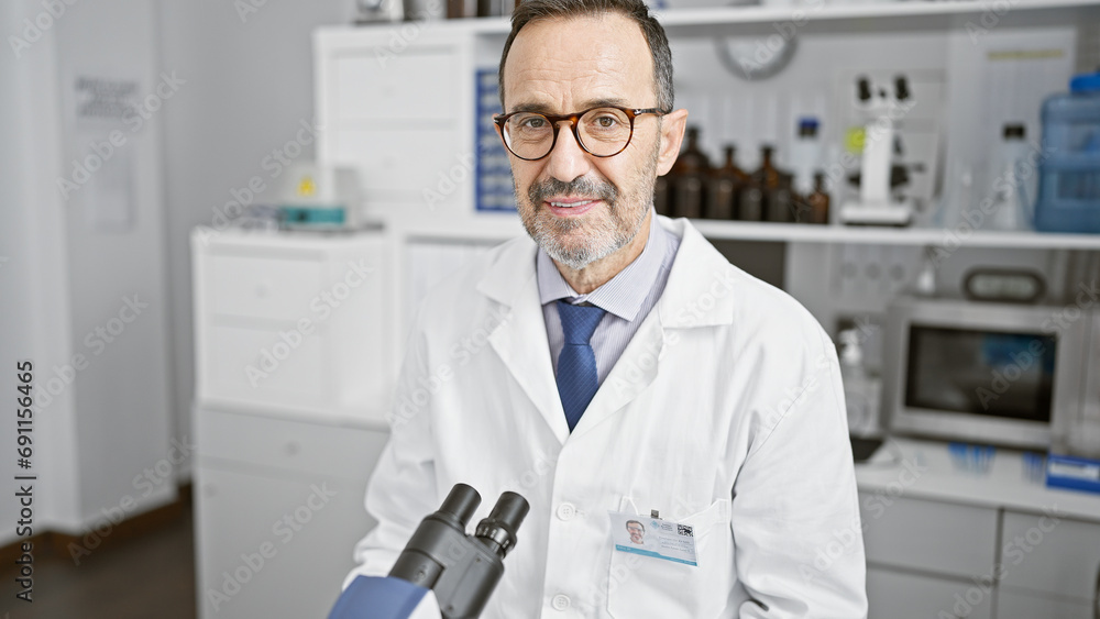Smiling middle-age man with grey hair joyfully discovers breakthrough in lab. his confident scientist hands work the microscope amidst the professional buzz of his indoor medical research center. Smiling middle-age man with grey hair joyfully discovers breakthrough in lab. his confident scientist hands work the microscope amidst the professional buzz of his indoor medical research center.