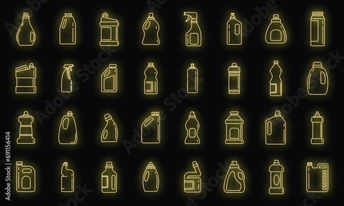 Bleach bottle icons set. Outline set of bleach bottle vector icons neon color on black