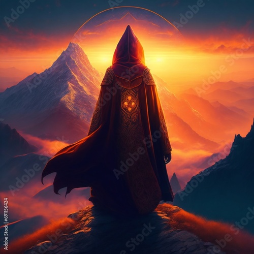 A hooded figure stands on a mountaintop, their path illuminated by the warm glow of the rising sun. Their cloak bears intricate Tibetan mandalas, digital art style, Comics art painting.