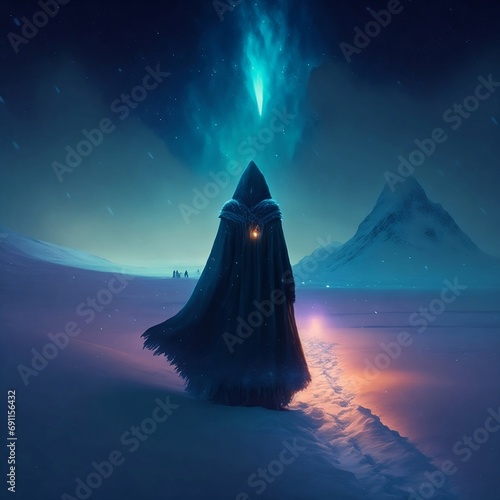 A hooded figure stands in a vast, snow-covered wasteland, their path illuminated by the faint glow of the Northern Lights. Their cloak bears intricate Inuit designs, digital art style, illustration pa