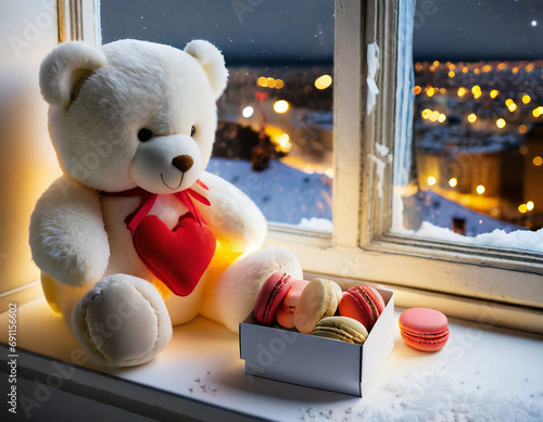 Teddy bear on the windowsill with a heart and a box of sweets