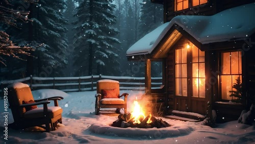 Mysterious cabin in the woods. Snow falling and campfire glowing at nighttime. Cozy, meditation rest, deep sleep relax concentration study atmosphere.