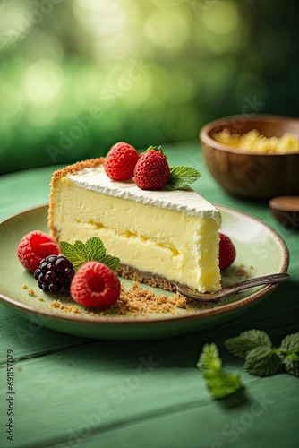 Cheese cake on wooden table in green background