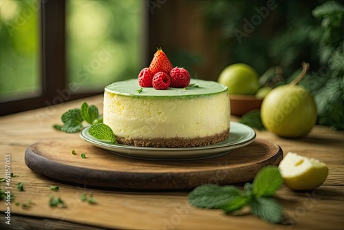 Cheese cake on wooden table in green background