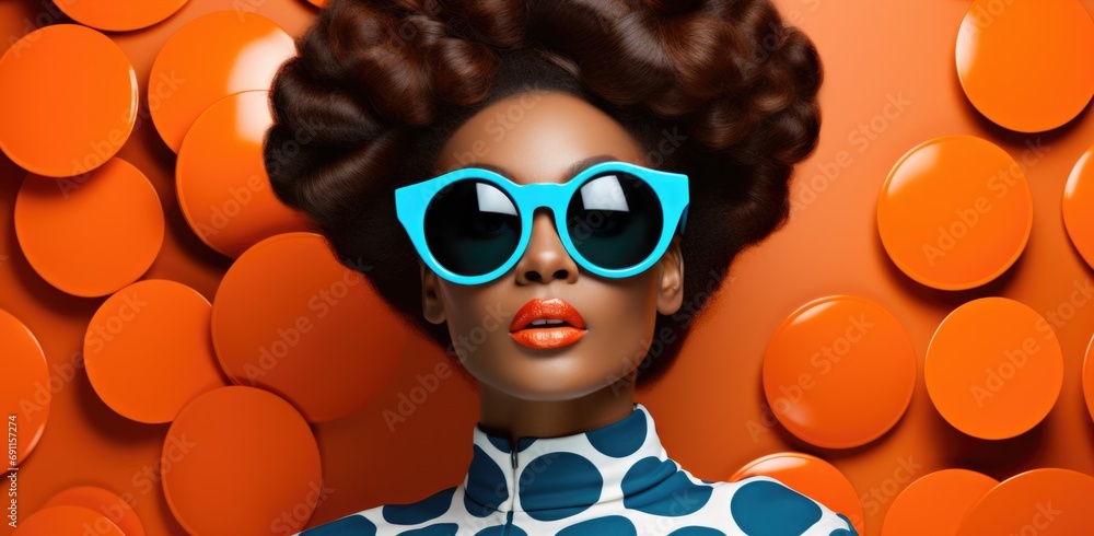 Fashion retro futuristic girl on background with circle pop art background. Woman in sunglasses in surrealistic 60s-70s disco club culture life style - obrazy, fototapety, plakaty 