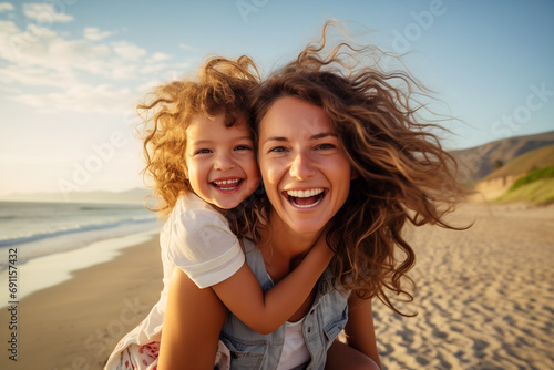 smiling mother and beautiful daughter having fun on beach, portrait happy woman giving piggyback ride to cute little girl