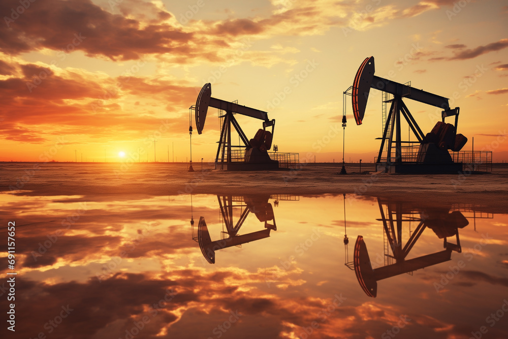 Fototapeta premium oil drilling silhouettes derricks pumps against background of sunset, crude oil petroleum production from the ground