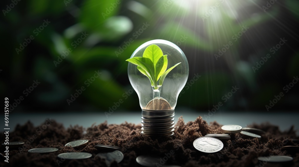 Green Energy Investment - Plants Growth On Money euro And Tree In Lightbulb - obrazy, fototapety, plakaty 