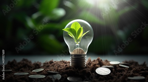 Green Energy Investment - Plants Growth On Money euro And Tree In Lightbulb photo