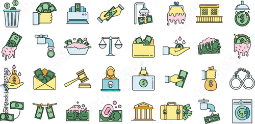 Money laundering offshore icons set. Outline set of money laundering offshore vector icons thin line color flat on white