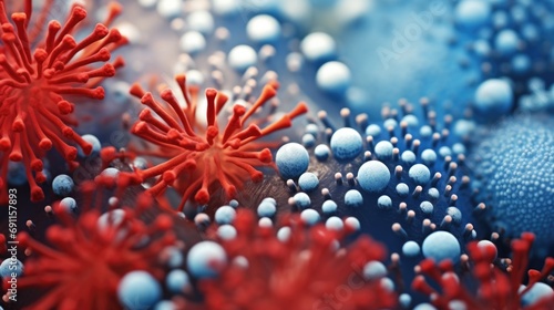 Close up macro details of red blue microbes molecules virus bacteria. Coronavirus outbreak COVID-19. Medicine concept