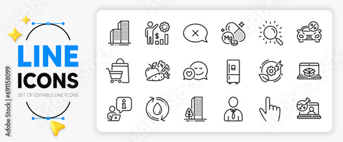 Refill water, Online chemistry and Vegetables line icons set for app include Refrigerator, Reject, Car leasing outline thin icon. Skyscraper buildings, Interview, Buildings pictogram icon. Vector
