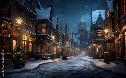 snowy night town, christmas lights © olegganko