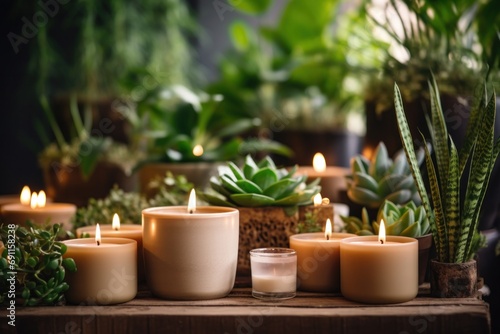 some candles burning near potted plants