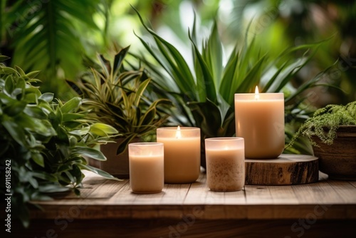 some candles burning near potted plants