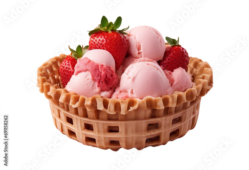 Strawberry ice cream in waffle basket isolated on transparent or white background