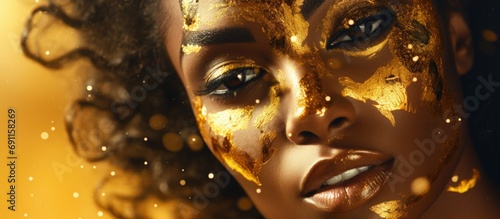 Fictitious African American woman in gold on golden sparkling background  girl in golden dress. Luxury and premium photography for advertising product design