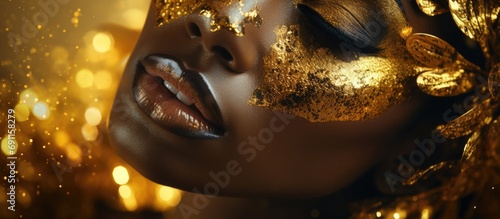 Fictitious African American woman in gold on golden sparkling background, girl in golden dress. Luxury and premium photography for advertising product design © loran4a