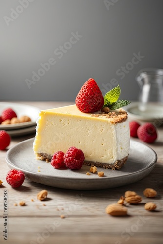Cheese cake on wooden table in light grey background