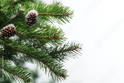 A close-up view of a pine tree branch with two cones. Perfect for nature-themed designs and holiday-related projects