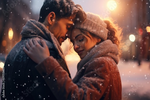 A heartwarming image of a man and a woman embracing in a beautiful snowy landscape. Perfect for illustrating love, affection, and winter romance