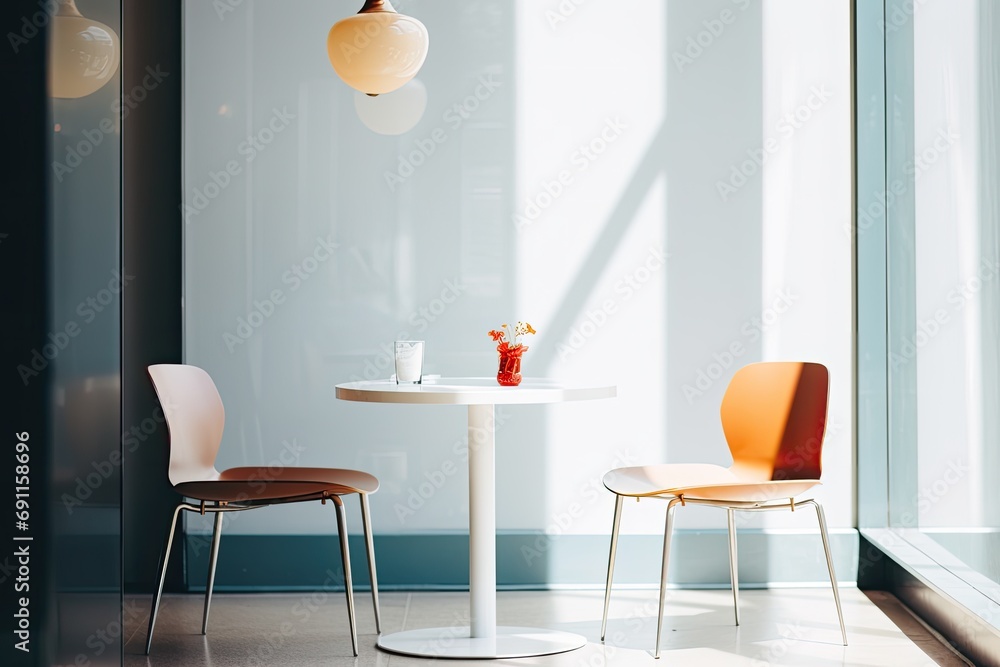 Obraz premium A stylish cafe interior featuring a private table and chairs, bathed in natural sunlight, creating a comfortable and inviting atmosphere.